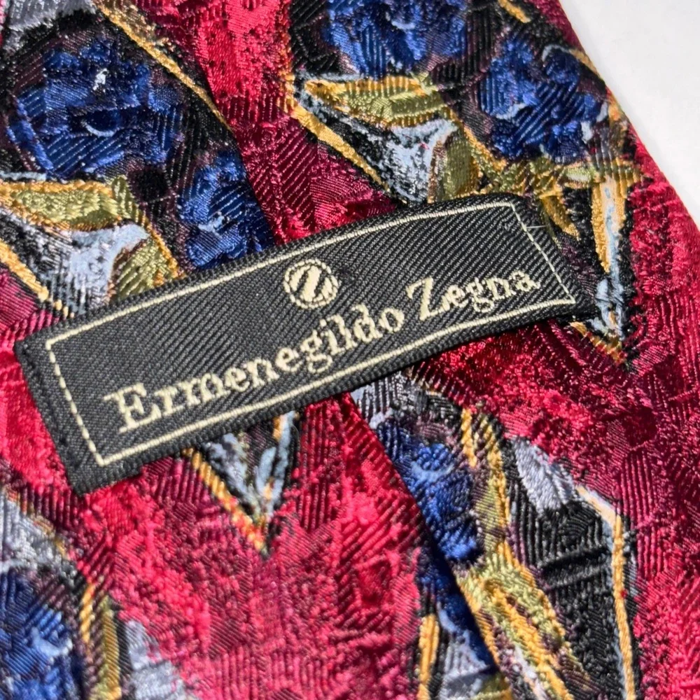 Ermenegildo Zegna‎ Silk Tie Red Blue Diamond Floral Pattern Luxury Mens